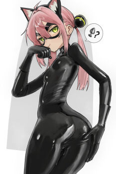 1girl animal_ears ass bodysuit breasts butt_plug collar commentary english_commentary fake_animal_ears green_eyes highres impossible_bodysuit impossible_clothes latex latex_bodysuit long_hair looking_at_viewer original pink_hair ponytail saaal653 sex_toy skin_tight small_breasts solo standing xenon_(saaal653)