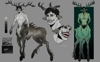 1boy antlers black_eyes black_hair blood blood_on_face centaur chomchomphu13 claws commentary english_commentary grin highres horns intruder_(no_i'm_not_a_human) looking_at_viewer male_focus no_i'm_not_a_human open_mouth reference_inset reference_sheet sharp_teeth short_hair smile taur teeth topless_male