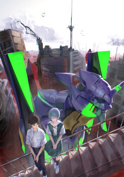 1boy 1girl 1other absurdres ambiguous_red_liquid antennae ayanami_rei blue_hair blue_skirt breasts brown_hair city cityscape closed_mouth cloud cloudy_sky collared_shirt commentary_request earbuds earphones eva_01 evangelion_(mecha) glowing headphones highres horns ikari_shinji lcl looking_at_another looking_down mecha mecha_focus neck_ribbon neon_genesis_evangelion own_hands_clasped own_hands_together pants qdx4p rebuild_of_evangelion red_eyes red_ribbon ribbon robot school_uniform science_fiction shirt shoes short_hair single_horn skirt sky stairs standing suspender_skirt suspenders tokyo-3_middle_school_uniform white_shirt white_shoes