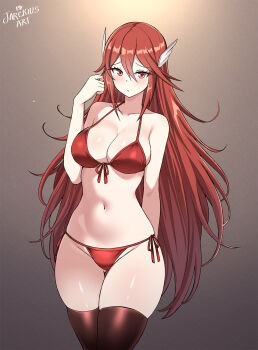 1girl alternate_breast_size_(larger) arm_behind_back bikini blush breasts brown_background brown_thighhighs cleavage cordelia_(fire_emblem) fire_emblem gluteal_fold hair_ornament hand_up highres jarckius large_breasts long_hair looking_at_viewer navel nintendo raised_eyebrows red_bikini red_eyes red_hair skindentation solo swimsuit thigh_gap thighhighs very_long_hair wing_hair_ornament