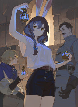 1girl 2boys animal_ears belt black_belt black_gloves black_hair black_shorts blonde_hair bottle braid breasts brown_belt brown_eyes cloak closed_mouth coat dot_mouth facial_hair gloves grey_coat high-waist_shorts highres holding holding_bottle indoors medium_breasts multiple_boys mustache original rabbit_ears shirt shorts sitting timbougami white_shirt wide_sleeves
