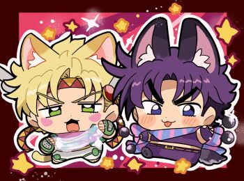 2boys animal_ears battle_tendency blonde_hair blush caesar_anthonio_zeppeli cat_boy cat_ears cat_tail chibi chibi_only clacker commentary facial_mark fingerless_gloves gloves green_eyes green_gloves headband highres hydrokinesis jojo_no_kimyou_na_bouken joseph_joestar joseph_joestar_(young) kemonomimi_mode male_focus midriff motu705 multiple_boys open_mouth pants purple_eyes purple_gloves purple_hair purple_pants purple_shirt scarf shirt short_hair soap_bubbles symbol-only_commentary tail tongue tongue_out water wolf_boy wolf_ears wolf_tail