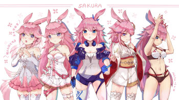 Rule 34 | 5girls, :o, animal ears, bare shoulders, bikini, black jacket, character name, closed mouth, commentary request, detached sleeves, dress, fox ears, headphones, headphones around neck, highres, honkai (series), honkai impact 3rd, jacket, japanese clothes, katana, kimono, long hair, looking at viewer, milk tea (pixiv41571804), multiple girls, multiple persona, nurse, open mouth, pink hair, sheath, sheathed, shirt, simple background, single thighhigh, swimsuit, sword, thighhighs, uchikake, weapon, wedding dress, white background, white bikini, white dress, white kimono, white shirt, white sleeves, white thighhighs, yae sakura, yae sakura (dream raiment), yae sakura (flame sakitama), yae sakura (goushinnso memento), yae sakura (gyakushinn miko), yae sakura (sublime lotus), yae sakura (summer dream), yae sakura (summer sakura)