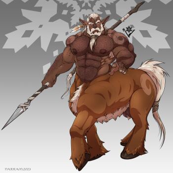 1boy abs absurdres arm_hair back_hair bara beard body_fur centaur chest_hair completely_nude dark-skinned_male dark_skin facial_hair feather_hair_ornament feathers frown full_beard full_body hair_ornament hairy hand_hair highres holding holding_polearm holding_weapon huge_eyebrows knuckle_hair large_ears large_pectorals looking_at_viewer lustful_desires male_focus mature_male monster_boy muscular muscular_male mustache narram_nsfw navel navel_hair nipple_hair nipples nude old old_man pectorals pointy_ears polearm solo spear stomach strongman_waist tail taur testicle_peek testicles thick_beard thick_mustache thick_navel_hair thick_neck thick_testicle_hair very_hairy weapon white_hair