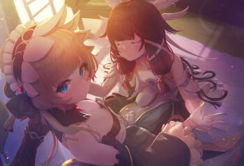 2girls absurdres backlighting bare_shoulders black_dress black_hair blue_dress blue_eyes blush bonnet breasts brown_hair cleavage closed_eyes colored_inner_hair columbina_(genshin_impact) commentary_request detached_sleeves dress eye_mask genshin_impact gloves hair_ornament hair_ribbon highres long_hair long_sleeves looking_at_viewer mask medium_breasts multicolored_hair multiple_girls pemosuke red_hair ribbon sandrone_(genshin_impact) sidelocks two-tone_dress white_dress white_mask wide_sleeves wing_hair_ornament