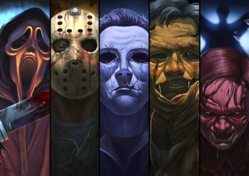 5boys black_border black_hair blood blood_on_clothes blood_on_mask blood_stain bloody_weapon border brown_eyes brown_hair character_request child's_play chucky cloak commentary english_commentary friday_the_13th ghost_mask ghostface halloween_(movie) hockey_mask holding holding_knife hood hood_up horror_(theme) jason_voorhees knife leatherface looking_at_viewer mask michael_myers multiple_boys saliva scream_(movie) skinned stitches the_texas_chainsaw_massacre weapon white_mask xexumedina yellow_eyes