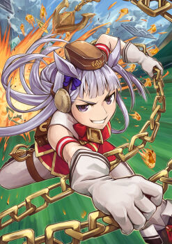 1girl absurdres anchor animal_ears armband blunt_bangs bow breasts brown_hat chain cloud commentary_request dress ear_bow gloves gold_chain gold_ship_(red_strife)_(umamusume) gold_ship_(umamusume) grey_hair grin hat highres horse_ears horse_girl horse_tail kuroboshi_roki long_hair medium_breasts open_mouth outdoors pantyhose pillbox_hat purple_eyes red_bow red_dress running sky sleeveless sleeveless_dress smile solo striped_armband striped_clothes tail umamusume white_gloves white_pantyhose