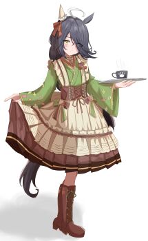 1girl absurdres ahoge animal_ears black_hair blush boots bow brown_boots brown_corset closed_mouth corset cup ear_covers ear_ribbon frilled_kimono frills full_body girdle green_kimono hair_between_eyes highres holding holding_tray horse_ears horse_girl horse_tail japanese_clothes kaze_ju kimono long_bangs long_hair long_hair_between_eyes long_sleeves looking_at_viewer maid manhattan_cafe_(umamusume) manhattan_cafe_(verdant_night)_(umamusume) multicolored_hair official_alternate_costume official_alternate_hairstyle simple_background single_ear_cover skirt_hold smile solo steaming_cup tail tray umamusume very_long_hair yellow_eyes