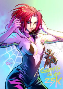 1boy 1girl absurdres aqua_eyes black_bodysuit bodysuit breasts closed_mouth code_geass cosplay full_body highres hood hood_down hooded_bodysuit kouzuki_kallen looking_at_viewer marvel medium_breasts mochi_mangaka multicolored_bodysuit pale_skin parted_bangs red_hair short_hair silk smile spider-gwen spider-gwen_(cosplay) spider-man spider-man_(cosplay) spider-man_(series) spider_web two-tone_bodysuit upper_body white_bodysuit zero_(code_geass)