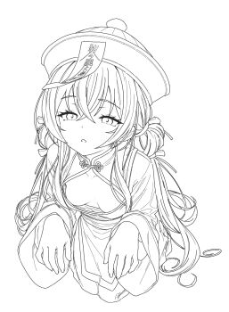 1girl arazand breasts chinese_clothes cleavage collarbone dot_nose double-parted_bangs expressionless from_above hair_between_eyes hair_ribbon hat highres jiangshi_costume lineart long_hair long_sleeves monochrome ofuda ofuda_on_clothes open_mouth original outstretched_arms parted_lips qingdai_guanmao ribbon sidelocks simple_background small_breasts solo twintails white_background zombie_pose