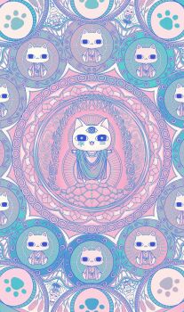 6+others buddhism cat catnip closed_eyes cosmos_34 expressionless fangs flower highres indian_style looking_at_viewer lotus mandala meditation monk multiple_others original paw_print red_flower robe sitting smile spider_lily third_eye