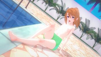 1girl 3d blue_eyes blue_sky breasts character_request crossdressing crossdressing_(ftm) day feet female_focus flat_chest green_jammers green_male_swimwear idolmaster idolmaster_cinderella_girls jammers male_swimwear male_swimwear_challenge nipples orange_hair outdoors pool sitting sky solo source_request swimsuit tagme topless_female toshi_(sjha1986) water