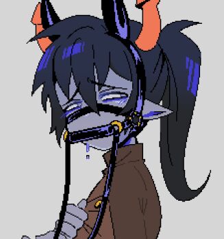 Rule 34 | 1boy, bit gag, black hair, blush, colored sclera, colored skin, doro (doros3n), embarrassed, gag, grey sclera, grey skin, homestuck, horns, horuss zahhak, male focus, no eyewear, pixel art, ponytail, portrait, solo, troll (homestuck), white eyes