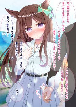 1boy 1girl animal_ears black_jacket blush bow breasts brown_hair casual closed_mouth clothing_cutout commentary_request ear_bow hair_between_eyes hair_ornament hairclip highres holding_hands horse_ears horse_girl jacket jewelry long_hair long_sleeves looking_at_viewer lpikamasi mejiro_dober_(casual)_(umamusume) mejiro_dober_(umamusume) necklace pleated_skirt purple_eyes shirt shoulder_cutout skirt speech_bubble translation_request umamusume white_shirt white_skirt