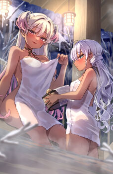 2girls blue_eyes blush breasts bucket choker commentary_request covering_privates dark-skinned_female dark_skin earrings expressionless grey_hair highres iona_(trente) jewelry lantern large_breasts long_hair looking_at_viewer low_twintails multiple_girls naked_towel nude_cover onsen original parted_lips pink_eyes ribbon_choker sig_(trente) sitting small_breasts smile snow soaking_feet stud_earrings towel trente twintails twitter_username two_side_up water winter wooden_bucket