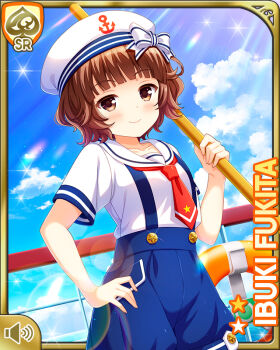 Rule 34 | 1girl, bird, blue legwear, blue shorts, bow, brown eyes, brown hair, card, character name, closed mouth, day, duck, fukita ibuki, girlfriend (kari), hair ornament, hairclip, hat, looking at viewer, ocean, official art, outdoors, qp:flapper, red neckwear, sailor hat, ship, shirt, short hair, short sleeves, shorts, smile, striped leggings, watercraft, white bow, white headwear, white shirt
