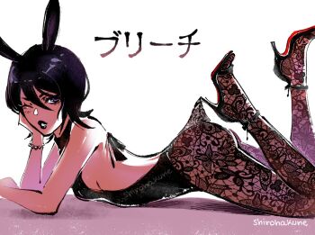 1girl animal_ears artist_name ass backless_outfit bare_shoulders bead_bracelet beads black_hair black_leotard black_shoes bleach bracelet breasts copyright_name derivative_work grey_eyes hair_between_eyes head_on_hand high_heels jewelry kuchiki_rukia lace lace_pantyhose lace_pantyhose_hooked_on_heel_(meme) leotard medium_breasts medium_hair meme pantyhose parted_lips playboy_bunny rabbit_ears shirohakune shoes sideboob solo strappy_heels thighs white_background