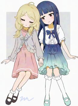 2girls :o aayh ahoge black_shoes blonde_hair blue_hair blue_shoes blue_skirt closed_mouth collared_shirt commentary_request dress dress_shirt frilled_shirt_collar frilled_socks frills grey_background grey_jacket hair_over_shoulder head_tilt idolmaster idolmaster_cinderella_girls jacket long_hair low_twintails multiple_girls parted_lips pink_dress puffy_short_sleeves puffy_sleeves red_eyes sajo_yukimi shirt shoes short_sleeves sitting skirt sleeping sleeping_upright smile socks swept_bangs twintails two-tone_background very_long_hair white_shirt white_socks yusa_kozue