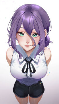 1girl arms_behind_back artist_name black_ribbon blurry breasts buttons chainsaw_man chiiwaffle closed_mouth collared_shirt commentary cowboy_shot denim denim_shorts depth_of_field double-parted_bangs english_commentary gradient_background green_eyes grey_shorts hair_between_eyes hair_bun highres large_breasts lips looking_at_viewer medium_hair neck_ribbon purple_hair reze_(chainsaw_man) ribbon shirt shorts sleeveless sleeveless_shirt smile solo standing white_background white_shirt