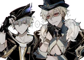 2boys aventurine_(honkai:_star_rail) black_gloves black_headwear black_jacket black_joke blonde_hair bracelet caelus_(honkai:_star_rail) bad_tag collarbone earrings fingerless_gloves fur_trim glasses gloves hair_between_eyes hand_on_own_chin hat heart highres honkai:_star_rail honkai_(series) jacket jewelry looking_at_another male_focus multiple_boys pectoral_cleavage pectorals rei_owo7 shirt short_hair simple_background smile speech_bubble star_(symbol) sweatdrop trailblazer_(honkai:_star_rail) upper watch white_background white_shirt wristwatch