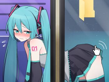 1girl all_fours aqua_eyes aqua_hair aqua_necktie arm_tattoo bare_shoulders black_skirt black_sleeves black_thighhighs blush closed_mouth commentary_request detached_sleeves dot_nose eyes_visible_through_hair flying_sweatdrops folder grey_shirt hair_between_eyes hand_cursor hatsune_miku headset highres hiroikara_(smhong04) lace lace-trimmed_shirt lace_trim long_hair looking_at_viewer looking_to_the_side necktie nose_blush number_tattoo pleated_skirt shirt skirt sleeveless sleeveless_shirt solo sweatdrop tattoo thighhighs through_wall turning_head twintails very_long_hair vocaloid wavy_mouth zettai_ryouiki