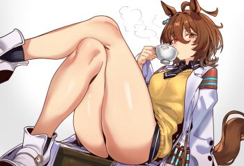 1girl absurdres agnes_tachyon_(tach-nology)_(umamusume) agnes_tachyon_(umamusume) animal_ears brown_eyes brown_hair crossed_legs cup drinking earrings ebora highres holding holding_cup horse_ears horse_girl horse_tail jewelry lab_coat medium_hair necktie simple_background single_earring sitting solo sugar_cube tail teacup thighs umamusume wolf_cut