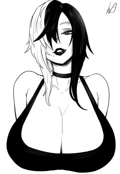 1girl absurdres borrowed_character breasts choker cleavage commentary english_commentary eyebrow_piercing face_piercing hair_over_one_eye highres huge_breasts lughost mole mole_under_mouth multicolored_hair original parted_lips piercing signature smile solo split-color_hair tank_top two-tone_hair upper_body