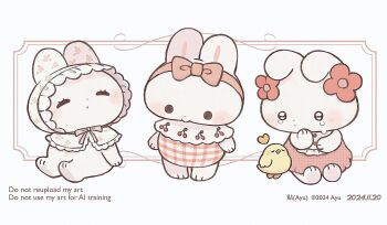 animal animal_focus artist_name ayu_(mog) baby_animal bird blush_stickers bonnet bow chick closed_eyes commentary dated dress flower highres no_humans original rabbit red_bow red_dress red_flower sleeveless sleeveless_dress solid_circle_eyes symbol-only_commentary tears watermark white_bonnet