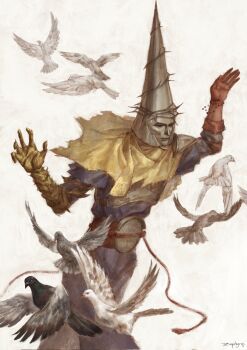 1boy animal armor arms_up artist_name bird blasphemous breastplate brown_capelet brown_gloves capelet gloves helmet highres male_focus mask penitent_one solo thorns torn_capelet torn_clothes zephyrq