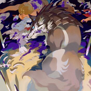 absurdres animal animal_ear_piercing animal_focus bandana blood blood_on_face blue_blood blue_eyes bone cat commentary corpse cucco cuffs dead_animal english_commentary feathers highres link nintendo ricmoo3 shackles slit_pupils the_legend_of_zelda the_legend_of_zelda:_twilight_princess wolf wolf_link