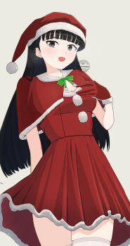 1girl adapted_costume amagami arm_behind_back ayatsuji_tsukasa black_eyes black_hair blunt_bangs breasts capelet cleavage commentary_request dress fur-trimmed_capelet fur-trimmed_dress fur-trimmed_gloves fur-trimmed_headwear fur_trim gloves gradient_background grey_background hand_on_own_chest hat highres light_blush long_hair marurenkon medium_breasts open_mouth red_capelet red_dress red_gloves santa_costume santa_dress santa_hat short_sleeves solo straight_hair thighhighs twitter_username watermark white_thighhighs