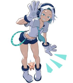 1boy aqua_eyes aqua_hair aqua_necktie blue_shorts boots clenched_teeth colored_eyelashes commentary_request cropped_shirt full_body genderswap genderswap_(ftm) gloves grin hand_up haneuzu_miuneru headphones highres leaning_forward looking_at_viewer loose_necktie male_focus multicolored_hair navel necktie nomark_1210 notice_lines pig shirt short_hair shorts simple_background smile solo standing teeth two-tone_hair virtual_youtuber voms white_background white_boots white_gloves white_hair white_shirt