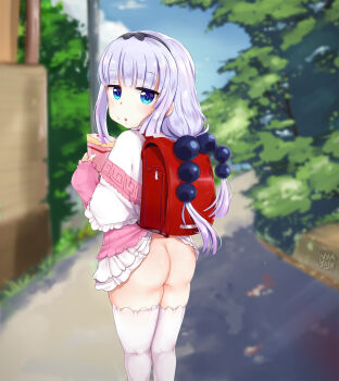 10s 1girl :o accidental_exposure ass backpack bad_id bad_pixiv_id bag beads black_bow black_hairband blue_eyes blue_sky blunt_bangs blurry bottomless bow capelet clothes_lift clueless crepe day depth_of_field dragon_girl dragon_horns female_focus food food_on_face from_behind glint hair_beads hair_ornament hairband highres holding holding_crepe holding_food horns jitome kanna_kamui kobayashi-san_chi_no_maidragon light_purple_hair loli long_hair long_sleeves looking_at_viewer looking_back low_twintails no_panties nyatrix outdoors parted_lips randoseru road skirt skirt_caught_on_object skirt_lift sky solo sphere_hair_ornament standing thighhighs tree tree_shade twintails wardrobe_malfunction white_thighhighs