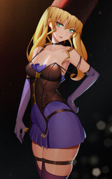1girl absurdres bare_shoulders blonde_hair breasts choker cleavage code_vein collarbone elbow_gloves female_focus fur_hat gloves green_eyes hand_on_own_hip hat highres looking_at_viewer mia_karnstein northman small_breasts solo strap_slip thighhighs twintails vampire zipper zipper_pull_tab