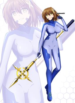 1girl absurdres alternate_eye_color blue_bodysuit bodysuit breasts brown_hair cameltoe closed_mouth covered_navel dark_persona fingerless_gloves full_body gloves grin hair_ornament highres holding holding_staff large_breasts looking_at_viewer lyrical_nanoha mahou_shoujo_lyrical_nanoha_strikers mind_control multicolored_bodysuit numbers&#039;_uniform oshimaru026 schwertkreuz skin_tight smile solo staff standing two-tone_bodysuit x_hair_ornament yagami_hayate yellow_eyes