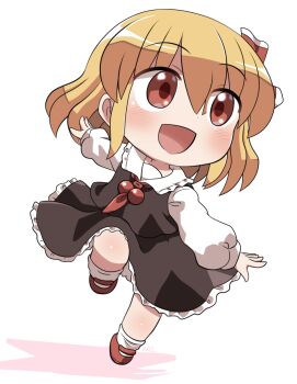 1girl :d ascot black_skirt black_vest blonde_hair blush chibi chibi_only collared_shirt commentary_request frilled_skirt frills full_body hair_between_eyes hair_ribbon highres long_sleeves open_mouth red_ascot red_eyes red_ribbon red_shoes ribbon rokugou_daisuke rumia shirt shoes short_hair simple_background skirt skirt_set smile socks solo touhou vest white_background white_shirt white_socks