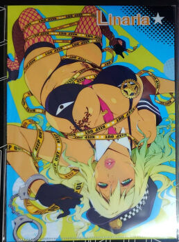 1girl bikini black_bikini black_gloves blonde_hair breasts butterfly_tattoo clear_file dark-skinned_female dark_skin foreshortening full_body gloves gyaru hat holster large_breasts lips long_hair lying navel non-web_source official_art parted_lips photo_(medium) police_hat ribbon rinalia_kuo shiny_skin smile stomach_tattoo super_robot_wars super_robot_wars_dd swimsuit tattoo thong thong_bikini underwear watanabe_wataru_(character_designer) wide_hips