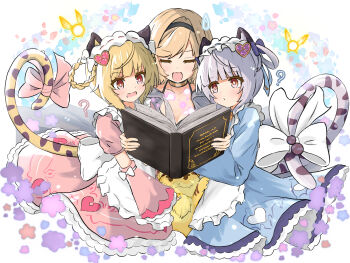 3girls :d ? animal_ears apron bai_(granblue_fantasy) black_hairband blonde_hair blunt_bangs book bow braid braided_hair_rings brown_eyes cafe_(owleelcafe) closed_eyes commentary_request detached_sleeves djeeta_(granblue_fantasy) frilled_apron frills granblue_fantasy hair_rings hairband highres holding holding_book huang_(granblue_fantasy) laolao_(granblue_fantasy) light_blush maid maid_headdress multiple_girls open_book open_mouth pink_bow short_hair smile sweatdrop tail tail_bow tail_ornament tiger_ears tiger_tail waist_apron white_hair wide_sleeves