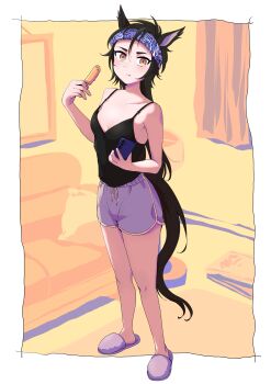 1girl absurdres air_shakur_(umamusume) animal_ears bare_shoulders black_hair black_shirt border breasts camisole cellphone cleavage closed_mouth couch curtains dolphin_shorts food headband highres holding holding_food holding_phone holding_popsicle horse_ears horse_girl horse_tail indoors licking_lips long_hair looking_at_viewer loungewear no_bra orange_eyes outside_border phone popsicle purple_shorts samedonburi shirt shorts slippers small_breasts smartphone solo standing tail tongue tongue_out umamusume