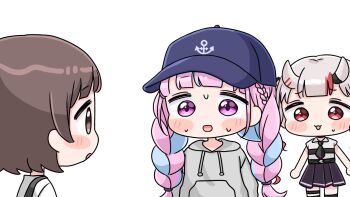 Rule 34 | 3girls, :d, :o, anchor symbol, baseball cap, black necktie, black skirt, blue hair, blue hat, blush stickers, braid, brown hair, chibi, collared shirt, drawstring, grey hair, grey hoodie, hat, highres, hololive, hood, hood down, hoodie, long hair, low twintails, minato aqua, mochimiko, multicolored hair, multiple girls, nakiri ayame, nakiri ayame (streetwear), necktie, open mouth, parted lips, pink hair, pleated skirt, purple eyes, red eyes, red hair, shirt, simple background, skirt, smile, streaked hair, sweat, twin braids, twintails, two-tone hair, very long hair, virtual youtuber, white background, white shirt