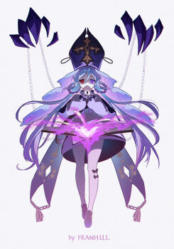 1girl absurdres artist_name black_bow black_capelet black_shoes blue_hair book bow bow_legwear braid capelet chain cross disembodied_hand dress dubra_(honkai:_star_rail) fire floating floating_book floating_object franhill full_body grey_background grey_pantyhose hair_between_eyes hands_up hat heterochromia highres honkai:_star_rail honkai_(series) long_hair long_sleeves looking_at_viewer mitre open_book own_hands_clasped own_hands_together pantyhose purple_bow purple_dress purple_eyes purple_fire purple_hat red_eyes revision shaded_face shoes simple_background solo veil very_long_hair