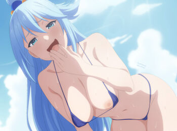 1girl absurdres aqua_(konosuba) audirenze bent_over bikini blue_eyes blue_hair blue_sky breasts doyagao hair_ornament hand_to_own_mouth highres kono_subarashii_sekai_ni_shukufuku_wo! large_breasts long_hair looking_at_viewer micro_bikini navel nipple_slip nipples sky smile smug solo swimsuit