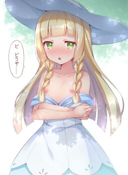 ... 1girl bare_shoulders blonde_hair blunt_bangs blush braid clothes_pull collarbone crossed_arms dress dress_pull female_focus flat_chest green_eyes half-closed_eyes hat highres lillie_(pokemon) long_hair looking_at_viewer nintendo nipples no_bra off_shoulder open_mouth pokemon pokemon_sm side_braid solo speech_bubble sun_hat text_focus tiger_rmn translated tree_shade twin_braids undressing