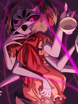1girl arthropod_girl black_hair bow bug colored_skin cup extra_arms extra_eyes fangs insect_girl looking_at_viewer monster_girl muffet open_mouth purple_background purple_skin shaded_face short_hair silk smile solo spider spider_girl spider_web teacup twintails undertale utdr_(toby_fox) wakamea2a2