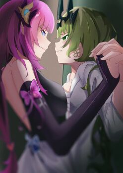 Rule 34 | absurdres, black dress, black gloves, blue eyes, breast press, breasts, coat, dress, earrings, elysia (honkai impact), elysia (miss pink elf) (honkai impact), from side, gloves, green eyes, green hair, hair ornament, highres, honkai (series), honkai impact 3rd, interlocked fingers, jewelry, lab coat, large breasts, long hair, looking at another, mobius (honkai impact), pink hair, slit pupils, small breasts, tangcu, very long hair, white coat, yuri