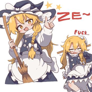 1girl apron black_skirt black_vest blonde_hair braid broom catchphrase cropped_legs dripping_eye frilled_apron frills hashtag-only_commentary hat highres holding holding_broom index_finger_raised kirisame_marisa long_hair long_sleeves looking_at_viewer magg_(user_mtca8588) messy_hair multiple_views open_mouth profanity shirt simple_background skirt smile star_(symbol) touhou vest white_apron white_background white_shirt witch_hat yellow_eyes
