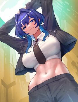 1girl absurdres arms_behind_head black_jacket blue_eyes blue_hair blush breasts brown_necktie closed_mouth collared_shirt commentary crop_top cropped_jacket english_commentary eyelashes hair_intakes highres hololive hololive_english jacket large_breasts long_sleeves midriff navel necktie open_clothes open_jacket ouro_kronii shirt sidelocks smile solo tie_clip virtual_youtuber white_shirt yodogama
