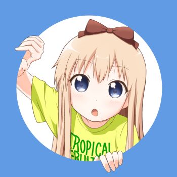 1girl :o blonde_hair blue_border blue_eyes border bow brown_bow commentary_request fourth_wall hair_bow hands_up highres looking_at_viewer open_mouth outside_border potoio shirt solo t-shirt toshinou_kyouko yellow_shirt yuruyuri