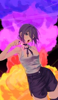1girl absurdres black_choker black_ribbon blood blood_from_mouth chainsaw_man choker collared_shirt green_eyes grenade_pin grey_shirt highres moobong neck_ribbon purple_hair purple_shorts reze_(chainsaw_man) ribbon shirt shirt_tucked_in shorts sleeveless sleeveless_shirt solo