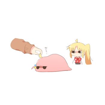 <o>_<o> 2girls ahoge blonde_hair bocchi_the_rock! bow bowtie brown_sweater chibi commentary_request cropped_torso detached_ahoge disembodied_hand gotoh_hitori gotoh_hitori_(tsuchinoko) ijichi_nijika kita_ikuyo long_hair long_sleeves multiple_girls ponytail rebecca_(keinelove) red_bow red_bowtie school_uniform shuka_high_school_uniform simple_background sweater white_background